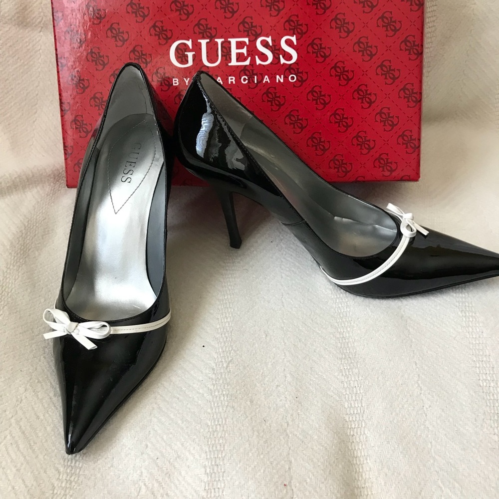 Black with White Bow Patent Pump